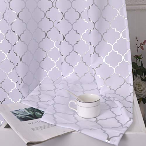 Taisier Home Metallic White Light Blocking Curtain Living-Room Moroccan Print Silver Curtains 84 Inch Linen Texture Geometry Lattice Curtains For Bedroom Window Treatment Set Grommet Top, 2Panels #TOP5