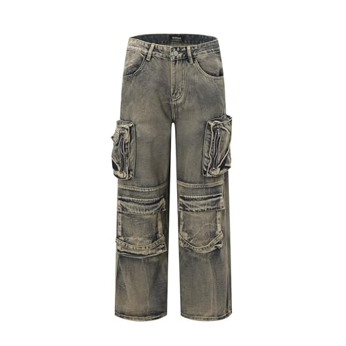 XYXIONGMAO Men's Loose Tactical Hip Hop Jeans Techwear Cargo Pants Grey Wasteland-Style Multi-Pocket Pants for Men4
