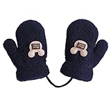 [Buffydeer] キッズ手袋 ベビー ニットグローブ 赤ちゃん 男女兼用 ミトン手袋 3-6歳 紐付き 女の子 男の子 あったか手袋 ボア付き 可愛い 冬物 雪遊び 厚手 保温 防寒 学生 通学 通園 (ネイビー)
