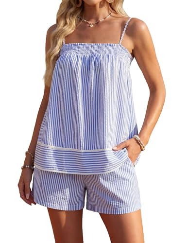 Blooming Jelly Women Two Piece Lounge Sets Camisole Tops Matching Short Sets Summer Vacation Outfits with Pocket (Medium,Blue Sripe)