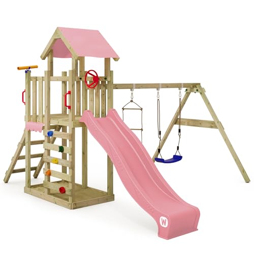 Wickey Spielturm Klettergerüst MultiFlyer Light, Schaukel & pastellpinker Rutsche, Outdoor Kinder Kletterturm mit Sandkasten, Leiter & Spiel-Zubehör für den Garten