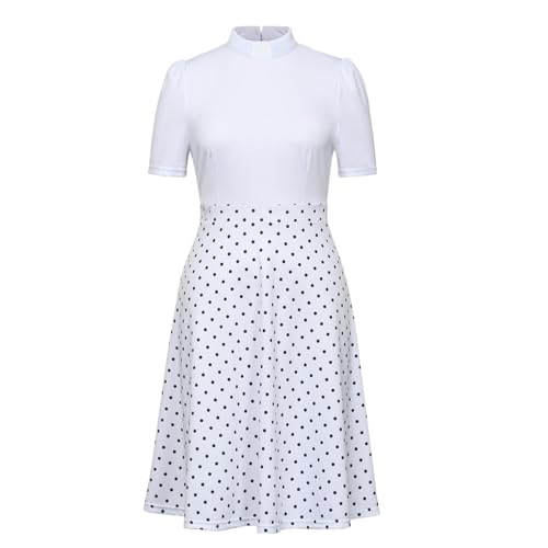 Image of CAMDOM Church Clergy Dress for Women Short Sleeve Polka Dot A Line Elegant Dress with Tab Collar