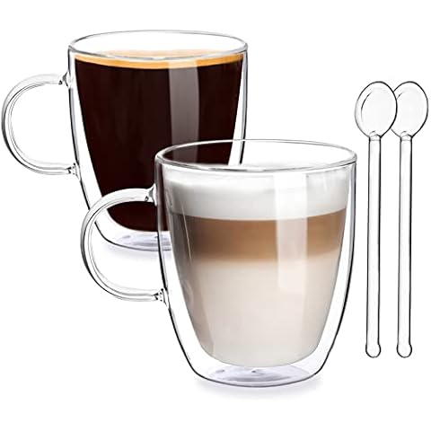 400ml Double Walled Coffee Mugs Set of 2 - Large Insulated Coffee Cups with Handle - Heat Resistant Coffee Glasses for Cappuccino, Latte, Macchiato, Milk, Tea, Juice - Pack of 2 Free Glass Spoons Cover