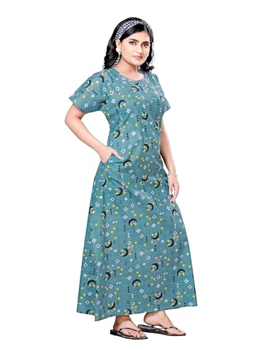 Image of PNAEONG Women's Printed Cotton Nighty, Gown Maxi - Free Size Blue