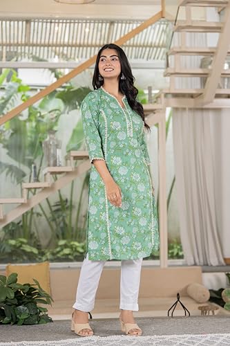 Image of Women's Cotton Straight Kurti with Geometric Print, 3 /4 Sleeves, Lace Trim Detail, Regular Fit, Casual Wear