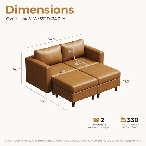 Image of ABCASA Faux Leather Loveseat Sofa Sleeper Bed with Storage Seat, 64.6 inch Modular Sectional Couch Deep Seat with Reversible Chaise 2-Seat Brown