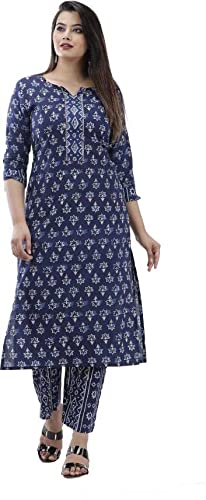 Image of Women Rayon Straight Golden Foil Printed Kurta with Palazzo || Kurti with Palazzo Set for Casual Party & Festival Wear in Round Neck with 3 /4 Sleeve for Girls (Color-Blue, Size, M)
