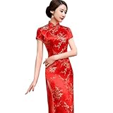 VEMOW Traditionelles Cheongsam Qipao – Kurzarm Stehkragen Hoher Seitenschlitz mit Chinesischen Knotenknöpfen für Kulturveranstaltungen(Red, XXXXXL)