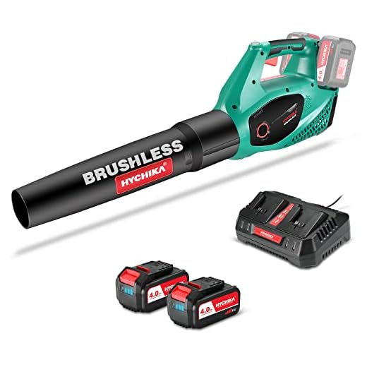 Soplador de Hojas a Bateria Brushless 36V, HYCHIKA 2x 4.0Ah Batería, 2 Velocidades, 212 Km/h, Cargador Rápido, Soplador de Aire Inalámbrico, para Limpiar Hojas, Polvado de Garaje y Basura Pequeña