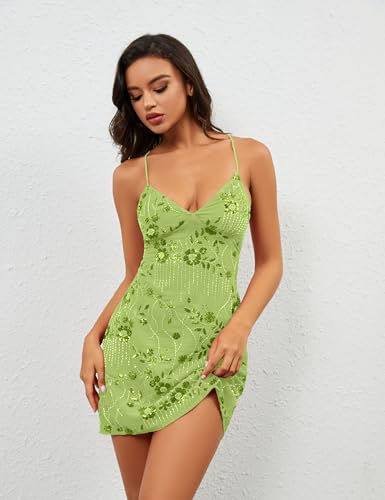 Image of calbatic Women Sequin Sparkly Rhinestone Mini Dress Sleeveless Backless Deep V Neck Glitter Short Cami Dress Party Clubwear