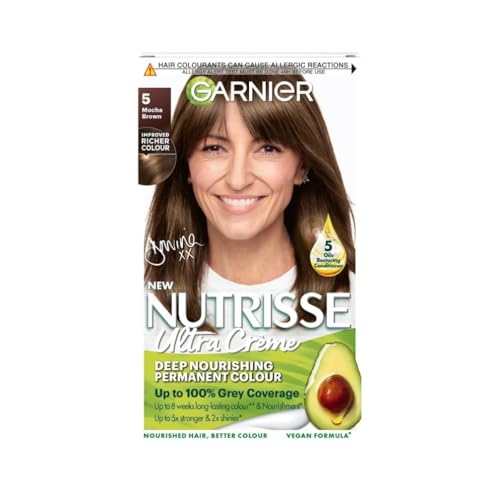 Garnier Nutrisse Permanent Hair Dye, Natural-looking, hair colour result, For All Hair Types, 5 Mocha Brown