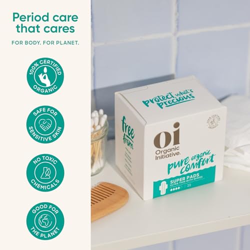 Image of Oi | Organic Initiative - Ultra-Thin Pads with Wings | 100% Certified Organic Cotton, Unscented | Leak Free, Biodegradable | Non-GMO, Toxin Free (Super, 48, Count)