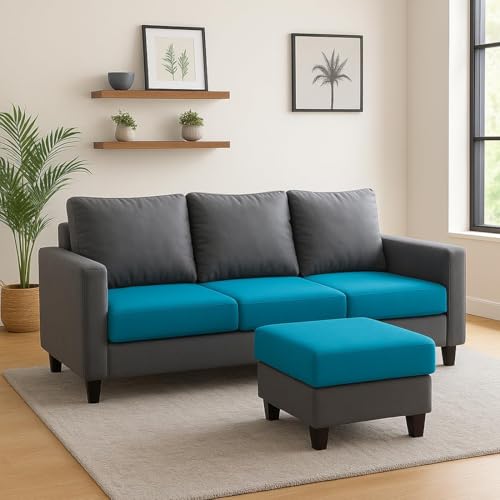 Image of FURNY Arnold 4 Seater L Shape Sofa Set with Movable Ottoman | Flexible Left or Right Layout | Plush Velvet Fabric (Dark Grey-Aqua Blue) | Perfect for Living Room, Guest Room & Office