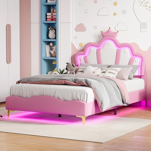 AYIYILA Lit de princesse 140 x 190 cm, lit flottant avec tête de couronne et éclairage LED pour chambre de fille, lit rembourré en polyuréthane pour fille, lit double (rose)