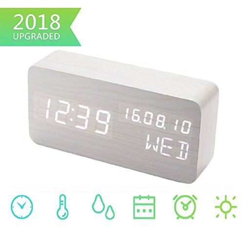 Bashley Despertador Digital, Reloj de Madera LED Que Muestra la Temperatura y la Humedad