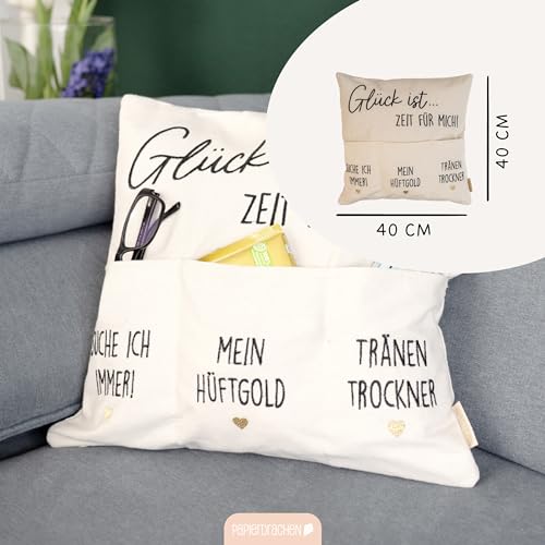 Papierdrachen Taschenkissenbezug | praktischer Kissenbezug mit Taschen | hochwertige Bestickung | Muttertag Geschenkidee | in Größe 40x40cm