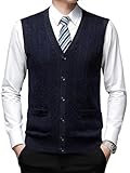 ebossy Men's Wool Blend Knit Cardigans V Neck Button Down Sleeveless Sweater Vest Knitwear (Large, Navy)