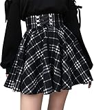 Minetom Damen Mini-Faltenrock Kariert Hohe Taille Gothic Stil A-Linie Zum Schnüren Plaid Rock Skater Tennis Basic Minirock B Schwarz XS