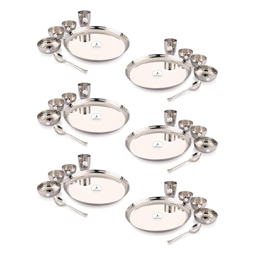 Image of Arham Stainless Steel Dinner Set | 36 Pcs (Big 6 Set) | Premium Heavy Weight Hammered Dinner Set for Gift | 36 Pcs (6 Plate, 6 Halwa Plate,12 Bowl /Wati, 6 Glass, 6 Spoon) | Premium DinnerWare