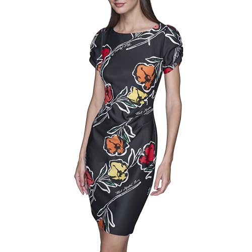 Image of KARL LAGERFELD Short Ruched Sleeve Jewel Neck Sheath Mini Dress
