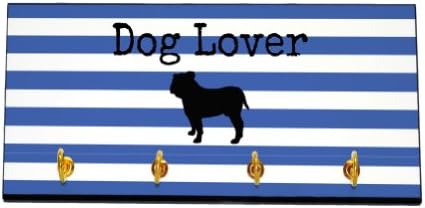 4WoodenShoes Striped Dog Lover Key and Leash Hanger - Bulldog (Color=Blue)