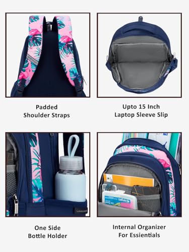 Image of Lavie Sport Flamingos 30L Navy Backpack |Organizer & Bottle Holder |Gift for Men, Women, Boys, Girls | Laptop Sleeve for School & College