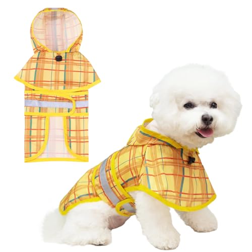 KOOLTAIL Hunde-Regenmantel mit Kapuze und Loch für die Leine, wasserdichte Hunde-Regenjacke mit reflektierenden Streifen, verstellbar, atmungsaktiv, Gelbes Karomuster, Medium (Pack of 1)