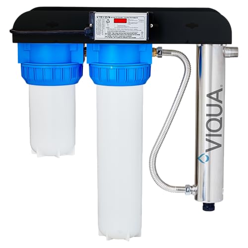 Viqua VH410-F12 UV Water Filter System 18 GPM Whole House Water Filtration System with Stainless Steel UV Chamber Integrated Sediment & Carbon Filters Rack Mounted Inline Water Filter for Whole Home