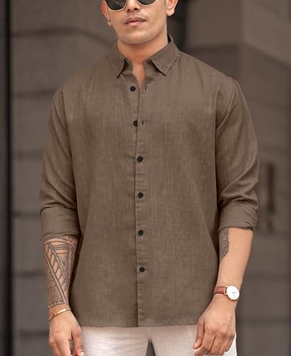Image of Men's Solid Linen Blend Cotton Shirt | Full Sleeve Plain Shirt for Men | Regular Fit Casual & Formal Wear