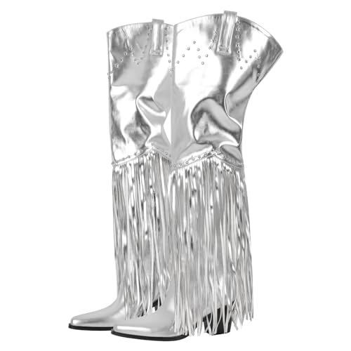 Image of richealnini Western Thigh High Cowboy Boots with Fringe Over Knee Wide Calf Cowgirl Boots