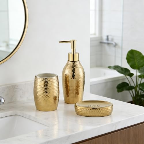 Seifenspender Set Gold, 3-TLG Badzubehör Set aus Keramik, Seifenschale und Luxuriöses Zahnputzbecher für Badezimmer & Gäste-WC