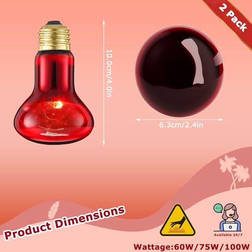Image of 60W Red Infrared Heat Lamp Bulb for Reptiles - Basking Spot Light for Lizards, Bearded Dragons, Snakes & Chicks, Ideal E26 Heater for Terrariums, Chicken Coops & Brooders | 2 Pack