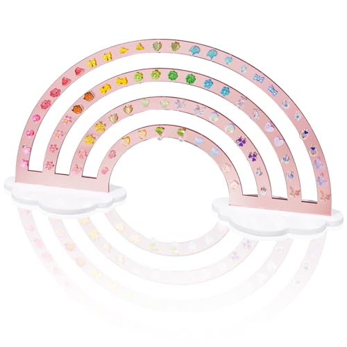 NiHome Soporte para pendientes con 74 agujeros, soporte para joyas de arcoíris, acrílico, expositor de pendientes, organizador para mujeres (oro rosa brillante 1 unidad)