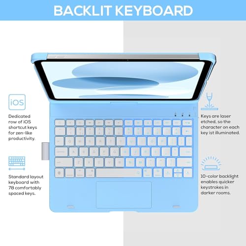 Image of typecase Touch Keyboard for 11th (A16) & 10th Gen with Multi-Touch Trackpad, 11-Colors Backlit, 360 Rotatable Multi Viewing Angle, Pencil Holder (Not fit to Air 11 /Air 5th /Pro 11)-Sky Baby Blue26