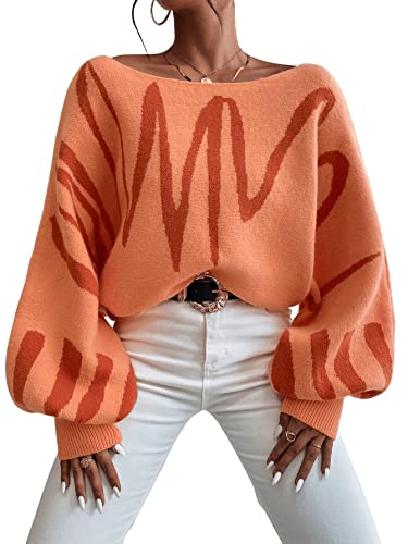 Sweatyrocks Women's Casual Graphic Print Lantern Sleeve Top Boat Neck Oversized Pullover Sweater Orange M #TOP4
