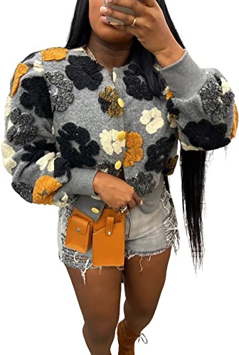 Lucuna Women's Fuzzy Fleece 3D Floral Button Down Crew Neck Loose Fluffy Bomber Jacket Coat Outerwear #TOP27