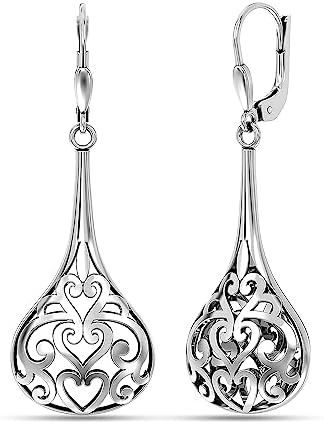 LeCalla Sterling Silver Jewelry Antique Filigree Bali Inspired Lever-Back Drop Dangle Earrings for Women