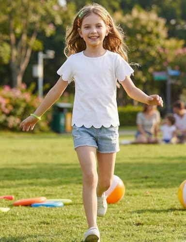 Image of Noomelfish Girls Short Sleeve Scalloped Edge T-Shirts Casual Cute Summer Tee Tops Blouse (5-12 Years)
