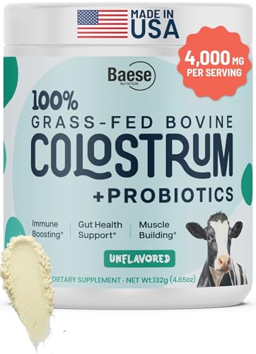 Baese Nutrition 4000mg 800 IgG Grass Fed with Probiotics Bovine Colostrum Powder Supplement for Kids & Adults with Immunoglobulins (132 Grams, Unflavored)