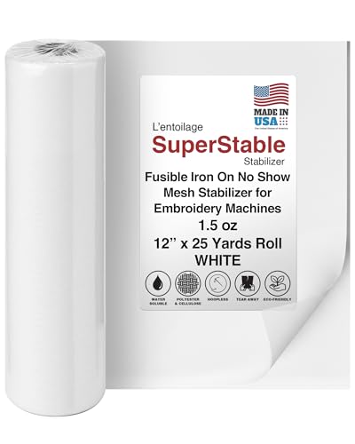 Superpunch Fusible Iron On No Show Mesh Embroidery Stabilizer, 1.5 Oz Lightweight Fuse Embroidery Backing Stabilizer-12 Inch x 25 Yard, SuperStable White Stabilizer for Embroidery Machine, Made In USA