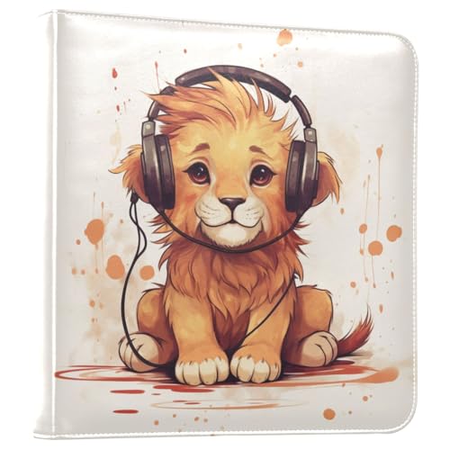 JIPONI Cute Lion with Headphones Large Photo Album, DIY Leather Cover Scrapbook Albums for 4x6 5x7 6x8 Pictures, Self Adhesive Memory Book for Wedding, Baby, Family