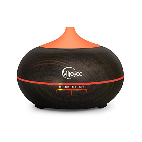 Mijoyee 300ml Wood Grain Aromatherapy Essential Oil Diffuser with 7 Color shades, Aroma Humidifier with Cool Mist and Waterless Auto Shut-Off Function. Ultrasonic Whisper makes it Runs Quietly.