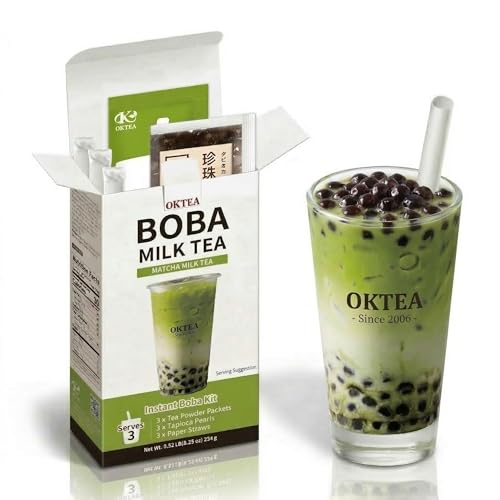 Oktea Matcha Rich & Creamy Style Bubble Pearl Milk Tea Kit – Matcha Flavor, Real Sugar, Preservative-Free Tapioca Balls, Includes Paper Straws – 3 Servings