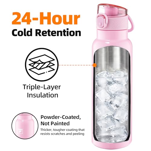 Image of Fanhaw 24 oz Insulated Water Bottle with Soft Silicone Spout Lid, Leakproof Stainless Steel Vacuum Bottle for School, Sports& Daily Use, Kids, Teens& Adults, Back to School Essentials (Pink)
