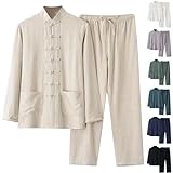 Tang Anzug Herren Beige 5XL Traditionelle Chinesische Kleidung Langärmelig Jacke Und Hose Kampfkunst Taichi Shaolin Baumwolle Leinen Uniform Klassisch Freizeit Training Kleidung Frühling Jogginganzug