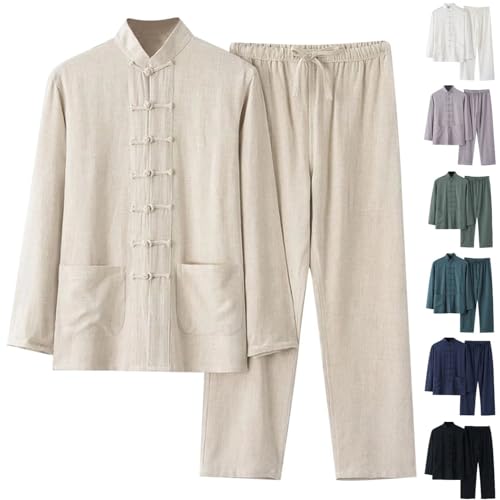 Traje de Tai Chi para hombre Tang Traje Estilo Chino Manga Larga Algodón Lino Camisa+Pantalones 2 Divisiones Ropa Tradicional Artes Marciales Transpirable Kung Fu Uniforme Conjunto Tangzhuang