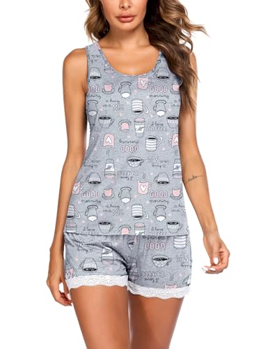 Image of Ekouaer Womens Pajama Sets Sleeveless Tank Top and Shorts Pj Set Lace Hem Sleepwear S-XXXL
