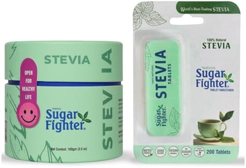 Sugar Fighter Stevia Powder & Tablets Combo โ Zero Calories & Fat-Free Sweetener | 100% Natural Stevia | Sugar-Free, Plant-Based Sugar Alternative | 100g Powder + 200 Tablets | HACCP & GMP Certified
