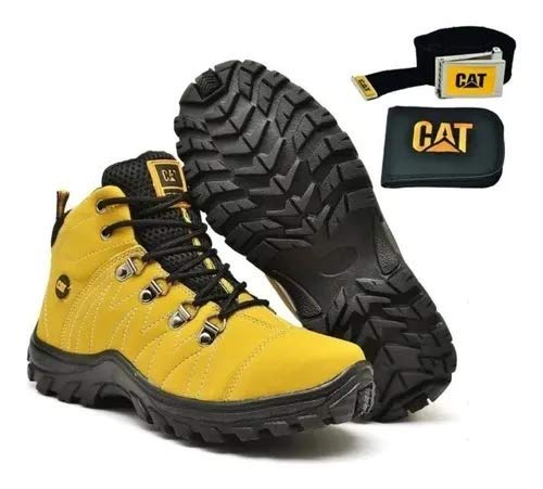 Bota Adventure Masculina Em Couro Caterpillar + Cinto + Carteira Cor:Amarelo;Tamanho:41