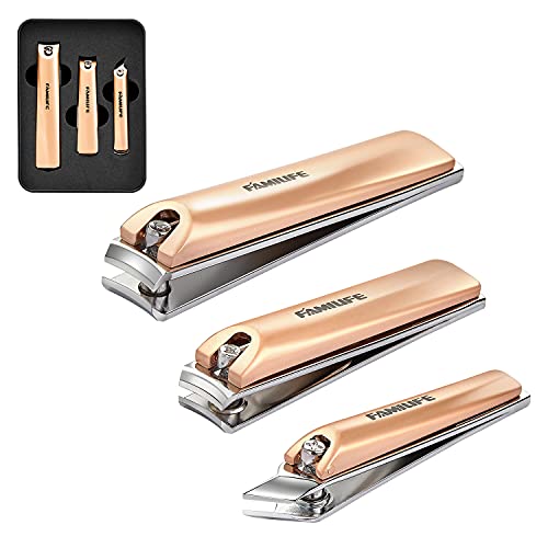 FAMILIFE Rose Gold Nail Clipper Set, Stainless Steel Toenail Fingernail Clippers Slant Side Edge Nail Cutter 3 pcs Manicure Pedicure Set with Travel Case